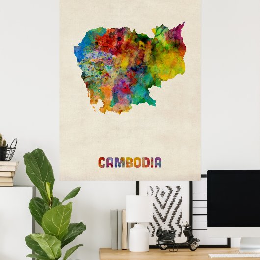 Cambodjaanse Waterverf Map Poster (Thuiskantoor)