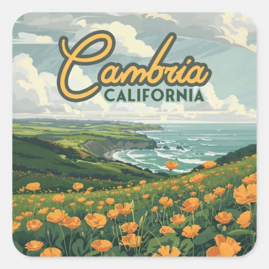Cambria California Poppies Bloemen Pacifische kust Vierkante Sticker (Voorkant)