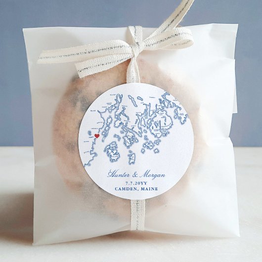 Camden Maine Kaart Elegant Navy Blue Bruiloft Favo Ronde Sticker