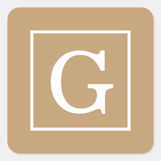 Camel Brown White Framed Initiaal Monogram Vierkante Sticker (Voorkant)