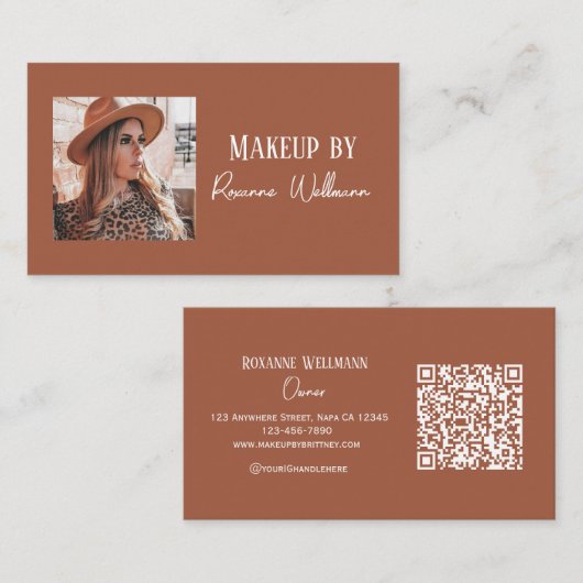 Camel en witte script make-up aanpasbare QR-code Visitekaartje (Voorkant / Achterkant)
