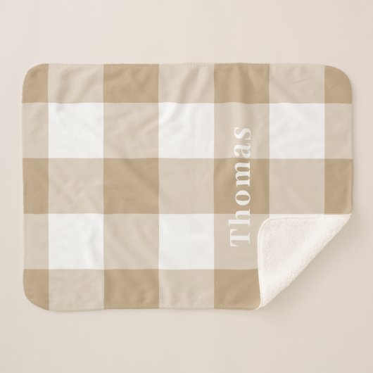 Camel Gingham Pattern Monogram Naam Sherpa Deken (Voorkant (horizontaal))