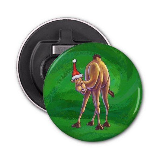 Camel Kerstmis op groen Button Flesopener (Voorkant)