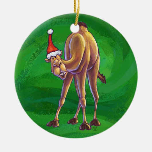 Camel Kerstmis op groen Keramisch Ornament (Voorkant)