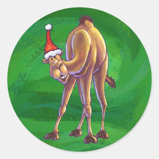 Camel Kerstmis op groen Ronde Sticker (Voorkant)