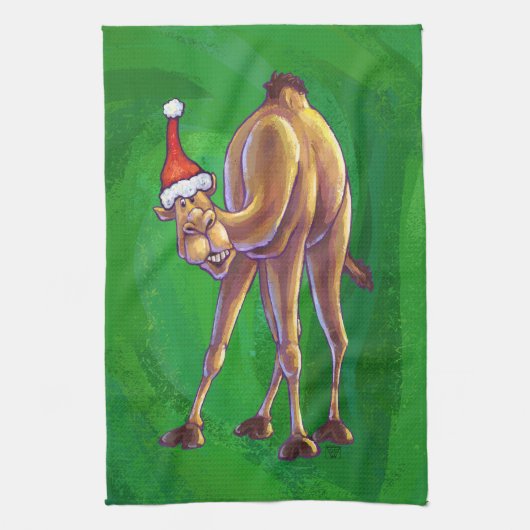 Camel Kerstmis op groen Theedoek (Verticaal)
