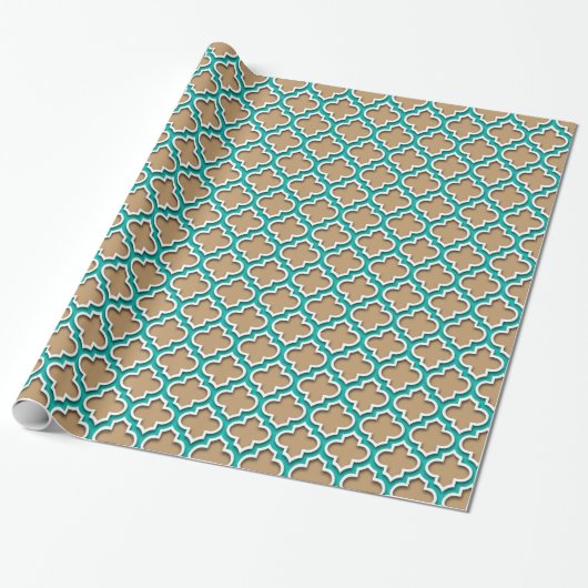 Camel Tan, Blauwgroen, wit Marokkaans Quatrefoil # Cadeaupapier (Uitgerold)
