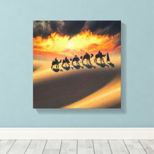 Camel trein door de woestijn canvas afdruk (Insitu (Houten vloer))