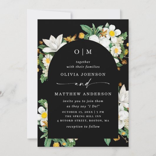 camelia. Bloemen zwarte boog bruiloft QR Kaart (Voorkant)