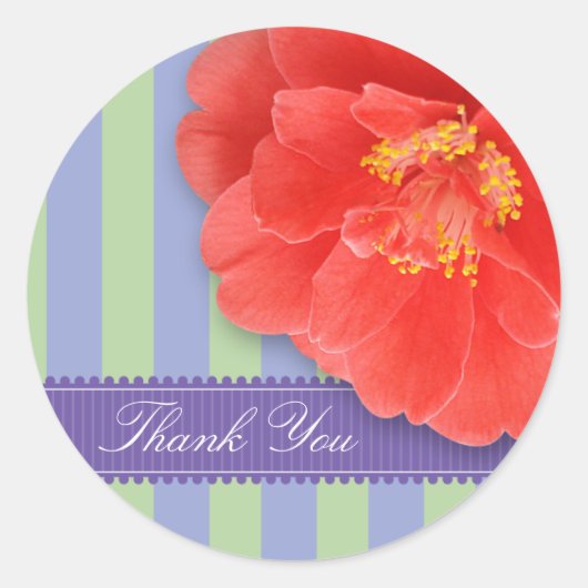 Camelia & Strepen met Lint: Roze Ronde Sticker (Voorkant)