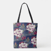 Camelia's op donkerblauw tote bag (Achterkant)