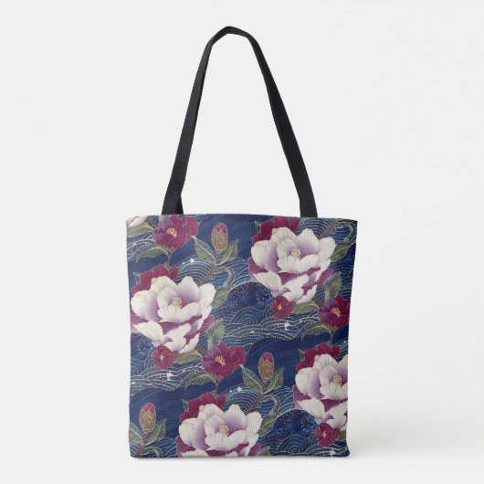 Camelia's op donkerblauw tote bag (Achterkant)