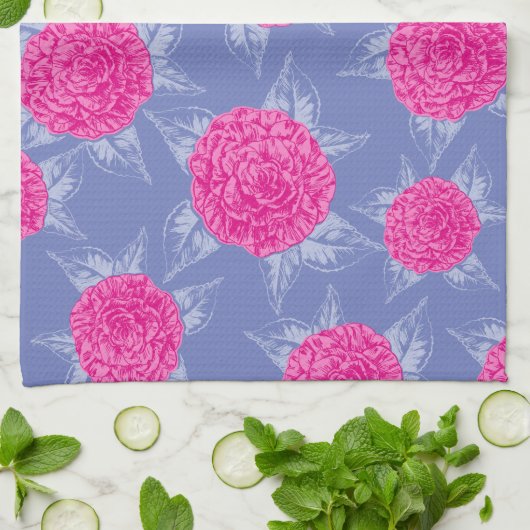 Camellia bloemen en bladeren inktvlek roze blauw theedoek (Gevouwen)