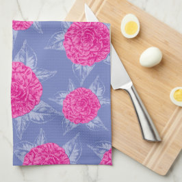 Camellia bloemen en bladeren inktvlek roze blauw theedoek