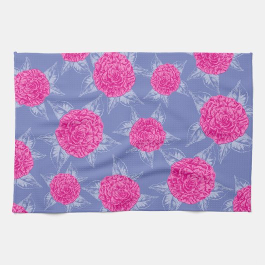 Camellia bloemen en bladeren inktvlek roze blauw theedoek (Horizontaal)