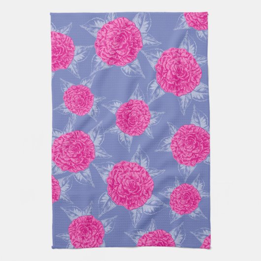 Camellia bloemen en bladeren inktvlek roze blauw theedoek (Verticaal)