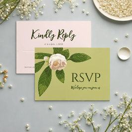 Camellia en groen eenvoudig elegant RSVP kaartje