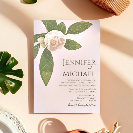 Camellia en groen Eenvoudige elegante bruiloft Kaart
