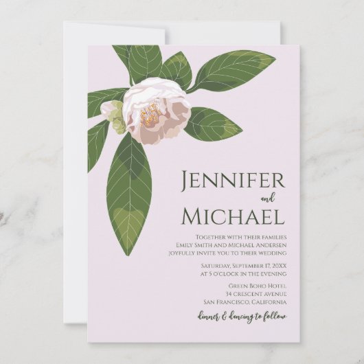 Camellia en groen Eenvoudige elegante bruiloft Kaart (Voorkant)