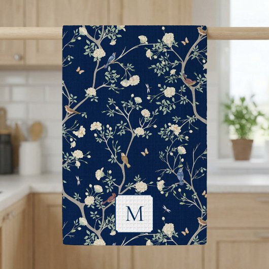 Camellia Garden Navy Blue Monogrammed  Theedoek