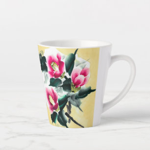 Camellia in sneeuw geschilderd in sumie techniek latte mok
