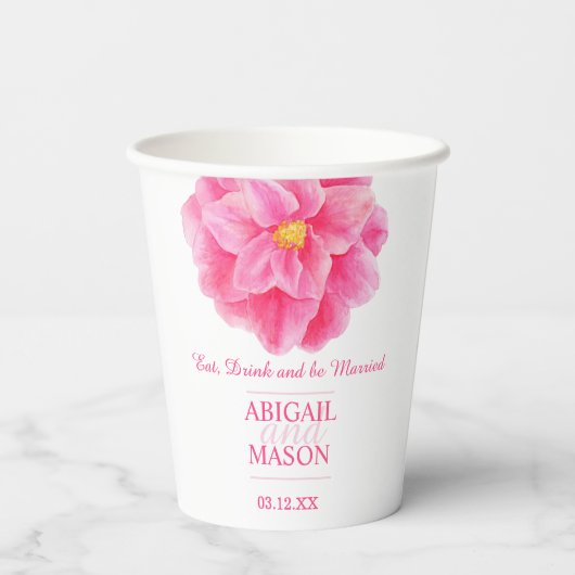 Camellias roze waterverf bloemen aangepaste bruilo papieren bekers (Achterkant)