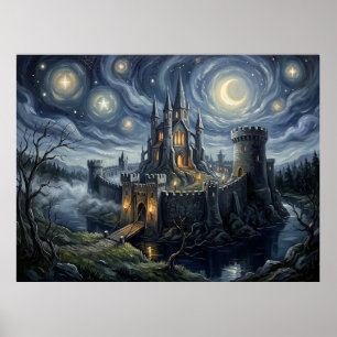 Camelot Sterrennacht Middeleeuws Landschap Poster