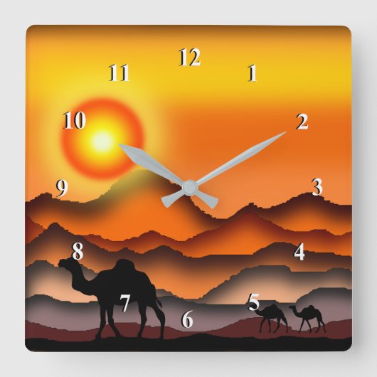 Camels op Sunset Desert Wall Clock - Kunst schilde Vierkante Klok (Voorkant)