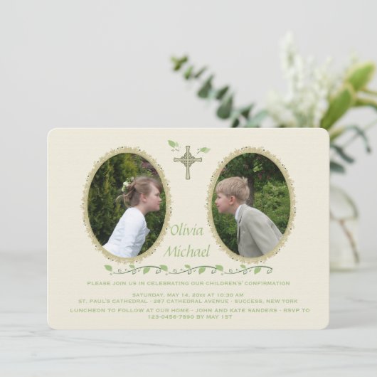 Cameo broers en zussen twee foto religieuze uitnod kaart (Staand voorkant)