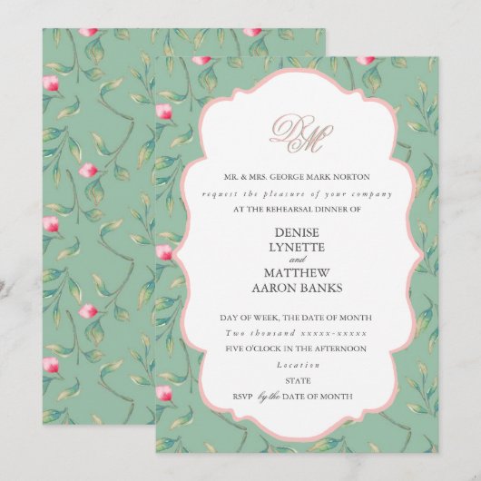 Cameo Groen en Gossamer Roze Rehearsal Dinner Kaart (Voorkant / Achterkant)