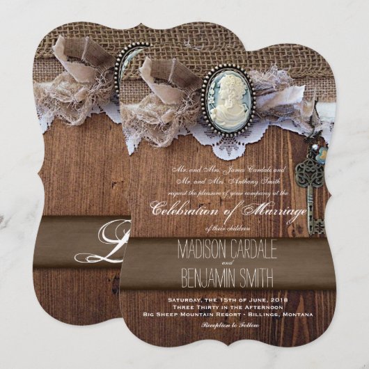 Cameo Key Burlap Wood Wedding nodigt uit Kaart (Voorkant / Achterkant)
