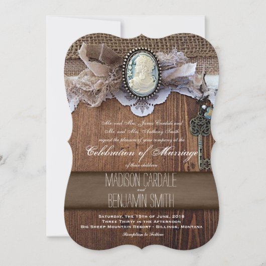  Cameo Key Burlap Wood Wedding nodigt uit Kaart (Voorkant)