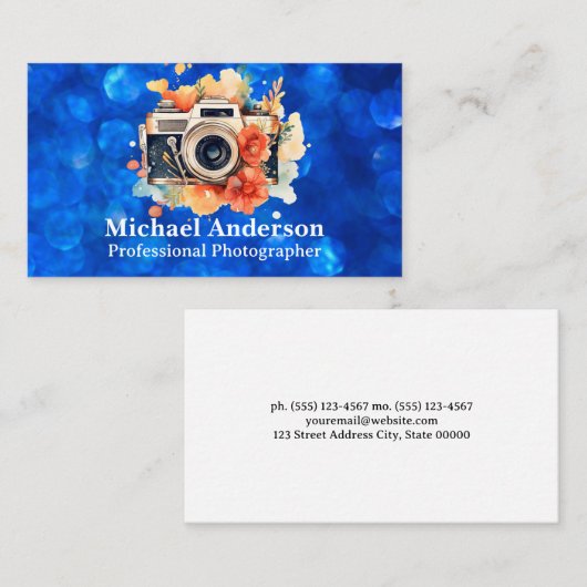 Camera en Bloemen | Blauwe Bokeh Visitekaartje (Voorkant / Achterkant)
