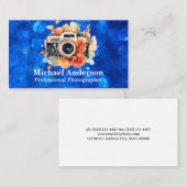 Camera en bloemen | Blue Bokeh Visitekaartje (Voorkant / Achterkant)