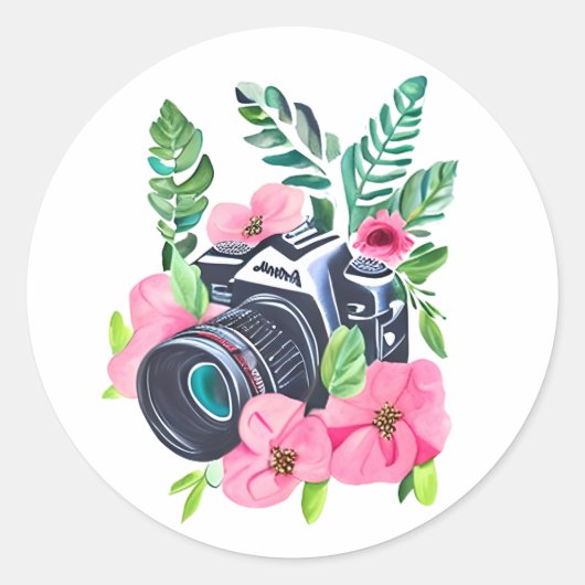camera, groen gebladerte ronde sticker (Voorkant)