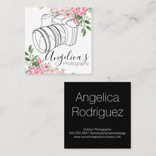 Camera-illustratie | Bloemen en bladeren Vierkante Visitekaartje (Voorkant / Achterkant)