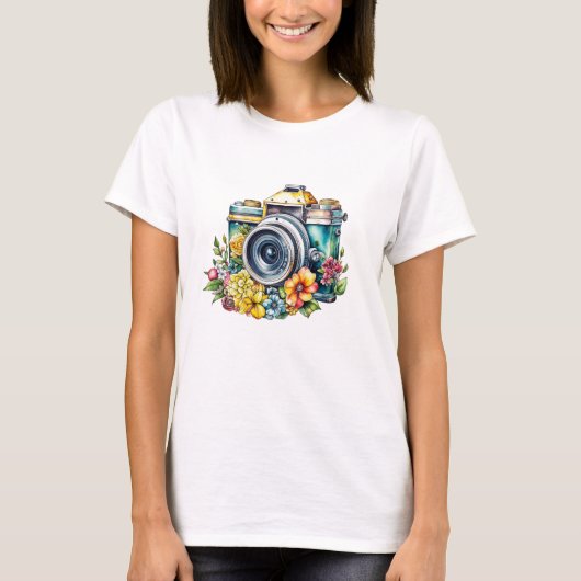 Camera in Bloemen Waterverf T-shirt (Voorkant)