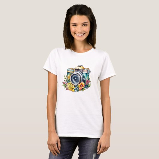  Camera in Bloemen Waterverf T-shirt (Voorkant volledig)