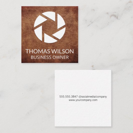 Camera Lens Icoon | Leren Achtergrond Vierkante Visitekaartje (Voorkant / Achterkant)