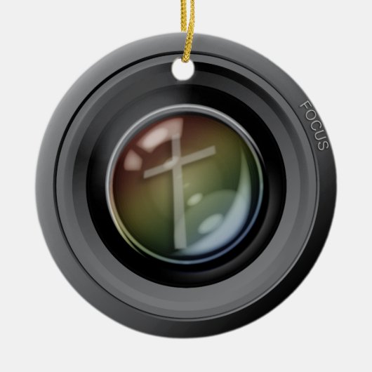 Camera Lens Ornament. Focus op Jezus. Keramisch Ornament (Voorkant)