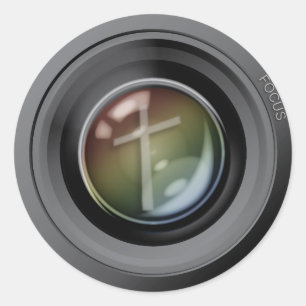 Camera Lens Stickers. Focus op Jezus. Ronde Sticker
