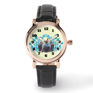 Camera met Azure Blue Leaves en Butterflies Horloge