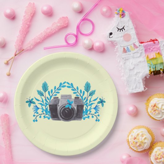 Camera met Azure Blue Leaves en Butterflies Papieren Bordje (Feest)