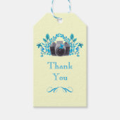 Camera met blauwe bladeren en vlinders dank u cadeaulabel (Voorkant)