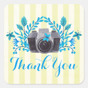 Camera met blauwe bladeren en vlinders dank u vierkante sticker