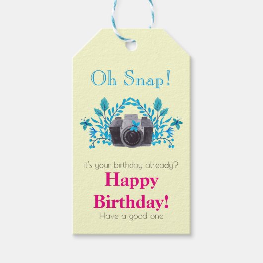 Camera met blauwe bladeren en vlinders van zaterda cadeaulabel (Voorkant)