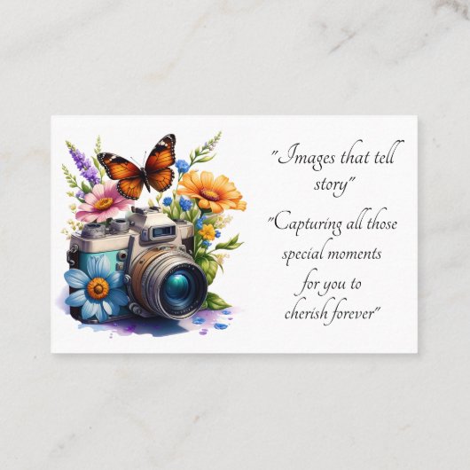 Camera met bloemen en vlinderfotograaf visitekaartje (Achterkant)