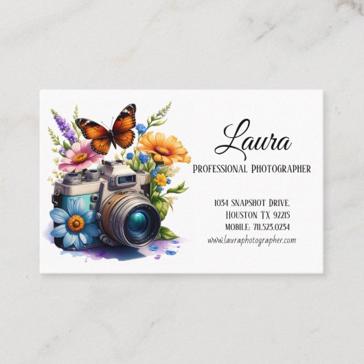 Camera met bloemen en vlinderfotograaf visitekaartje (Voorkant)