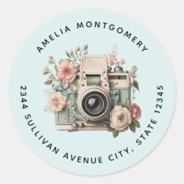Camera met bloemen Retro Pastel Afbeelding - Adres Ronde Sticker