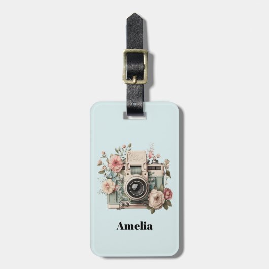 Camera met bloemen Retro Pastel Afbeelding Bagagelabel (Voorkant verticaal)